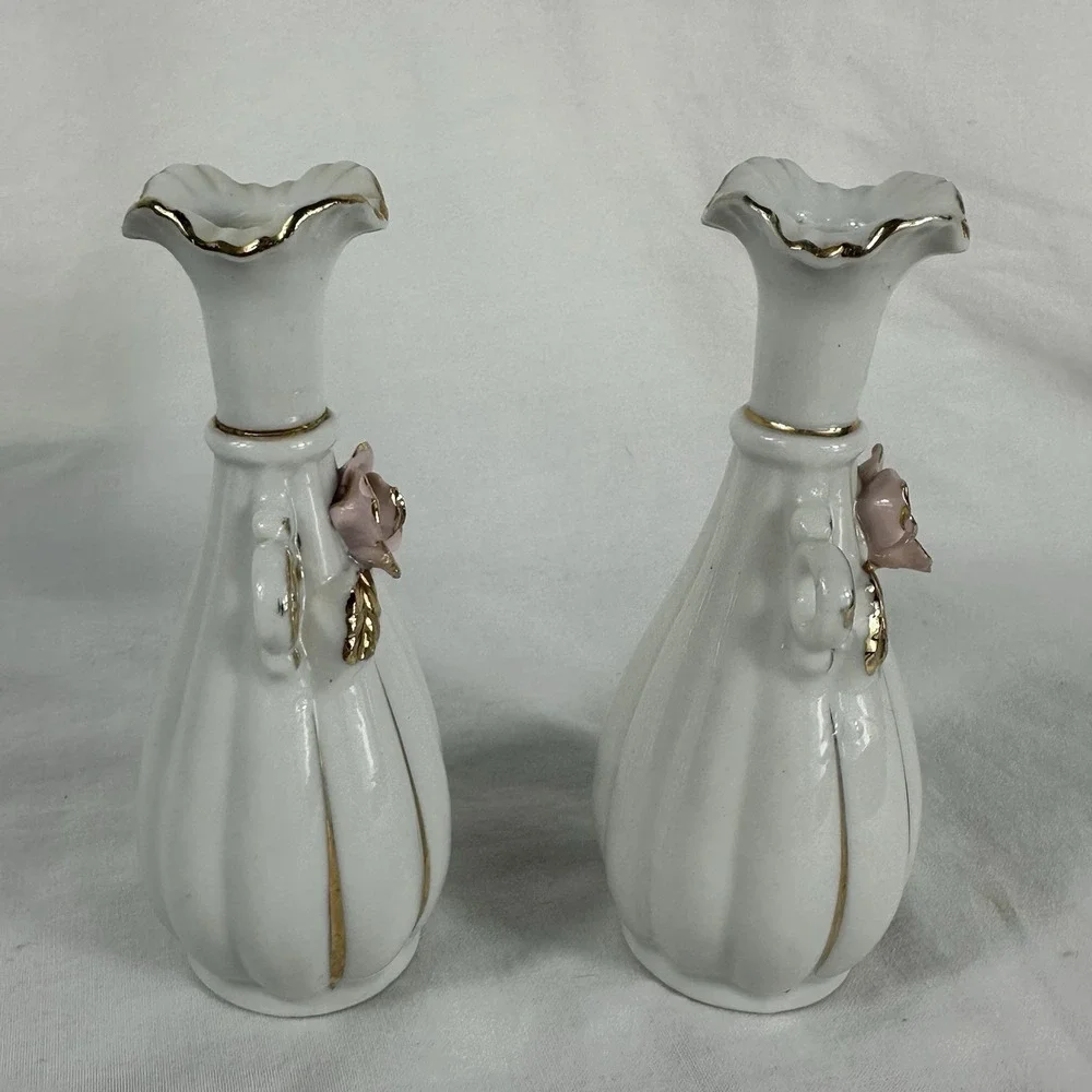 Vintage Pair Miniature Porcelain Bud Vases Pink Applied Roses Gold Trim 5